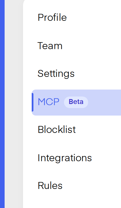 Profile sidebar with the MCP tab selected and Beta badge visible