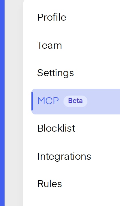 Profile sidebar with the MCP tab selected and Beta badge visible