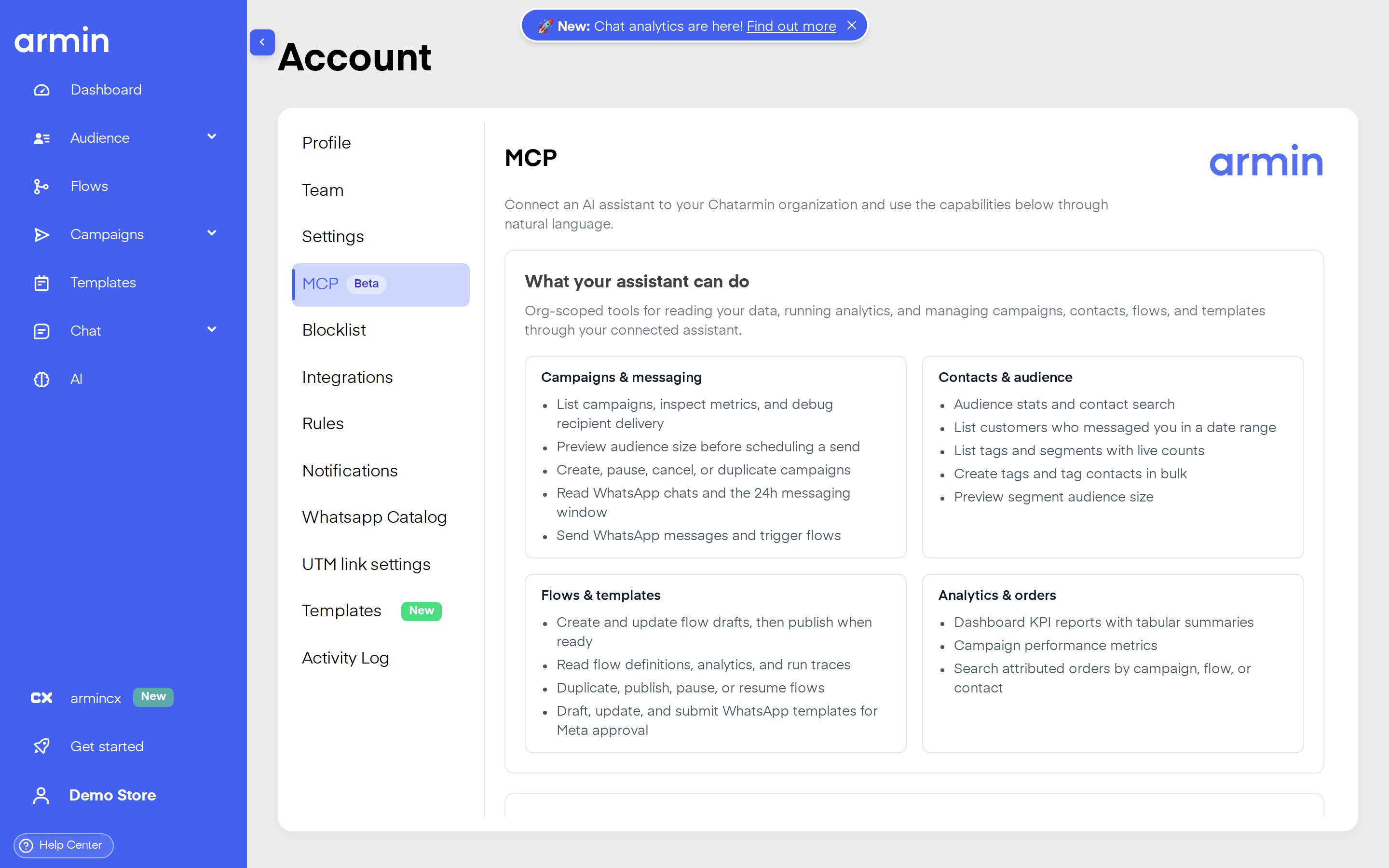 Chatarmin Profile MCP page showing capabilities and connection settings