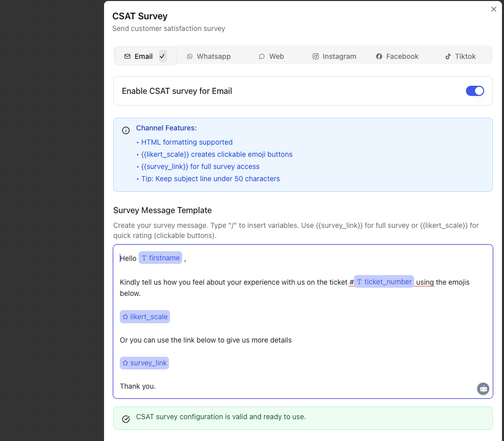 CSAT Survey channel configuration tabs