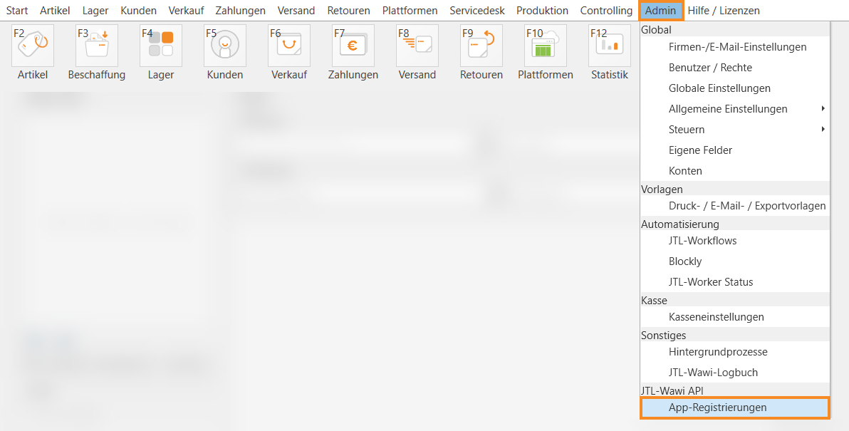 JTL-Wawi menu Admin to JTL-Wawi API App Registration