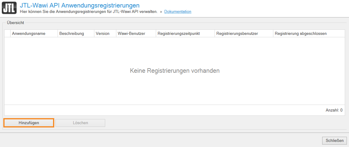 JTL-Wawi API application registrations list with Add button