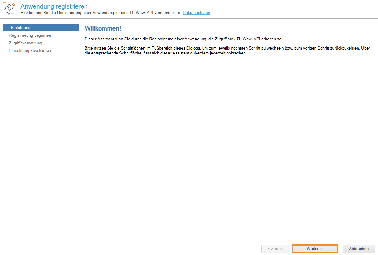 JTL-Wawi app registration wizard introduction step