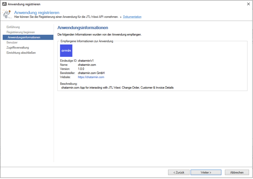 JTL-Wawi received application information for chatarmin/v1
