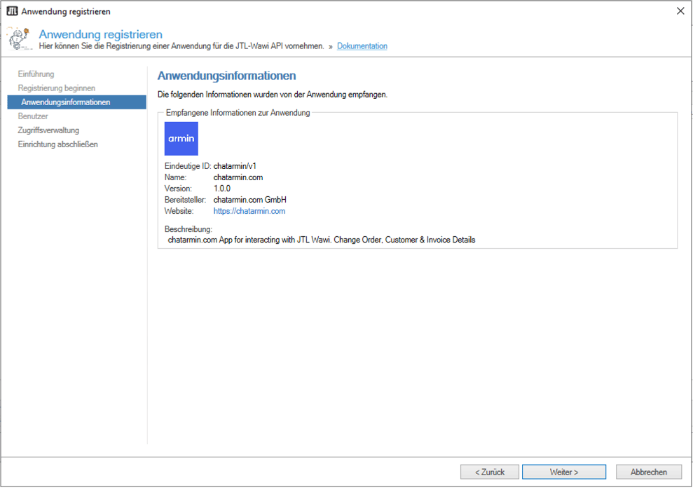 JTL-Wawi received application information for chatarmin/v1