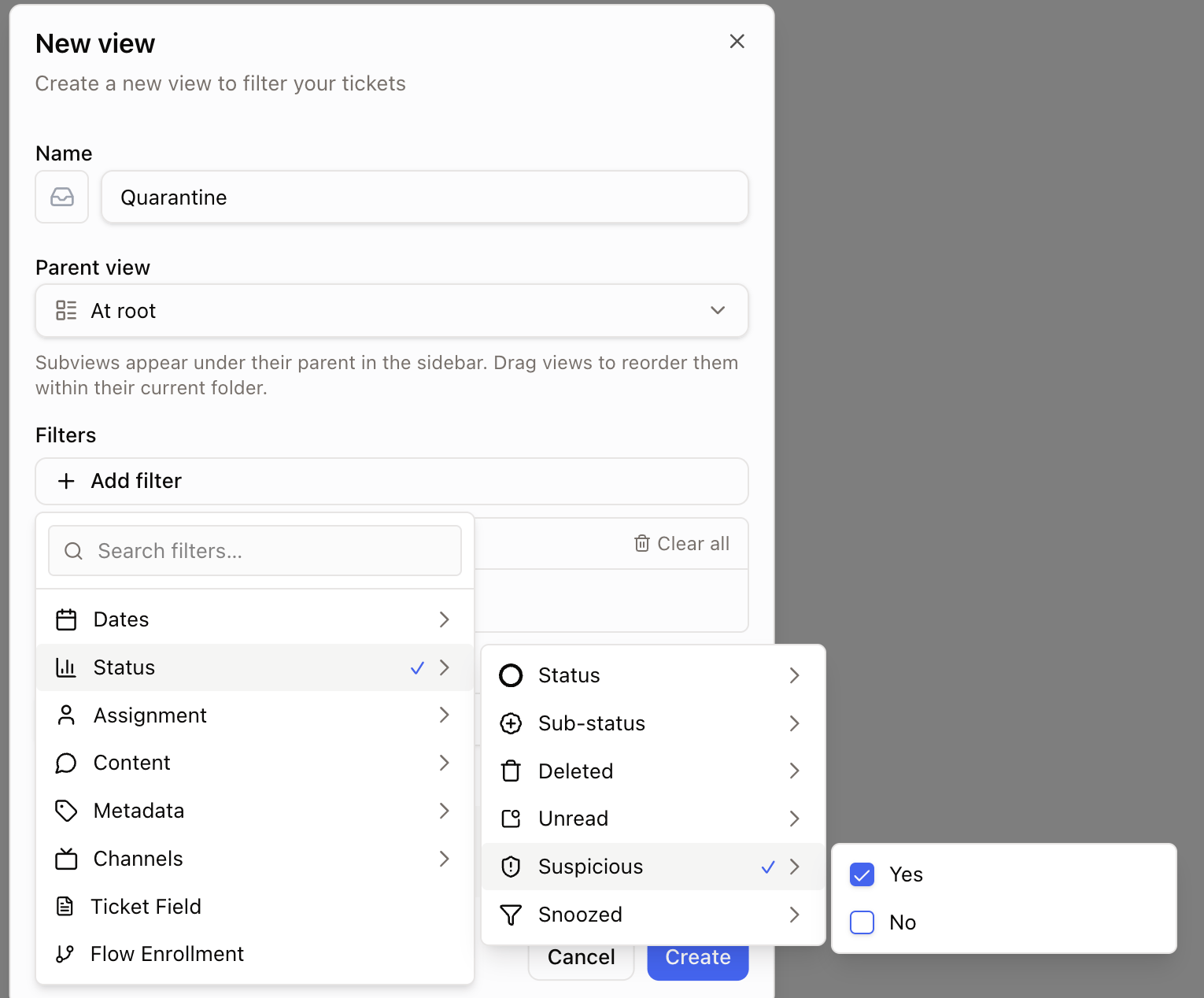 Creating a shared view named Quarantine by adding the Suspicious filter, found under the Status category in the Add filter menu.