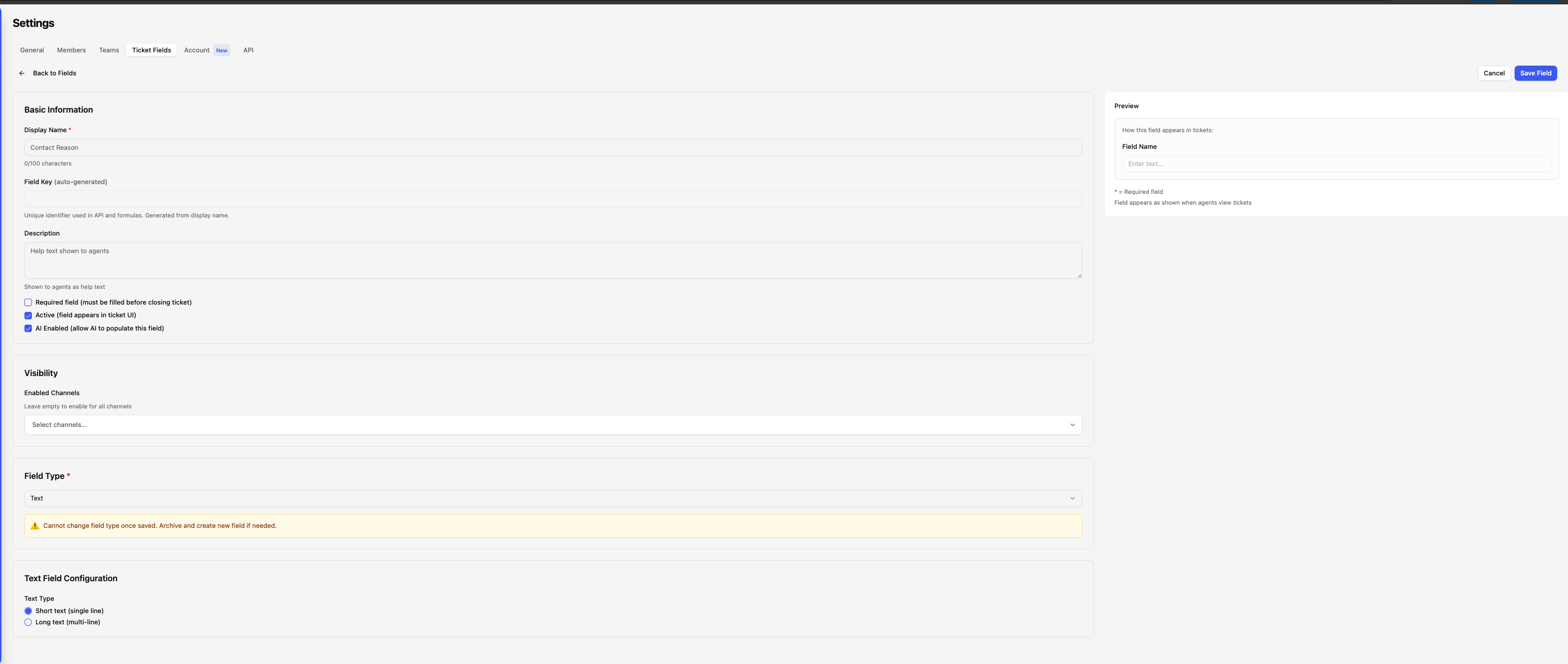 Create field configuration panel
