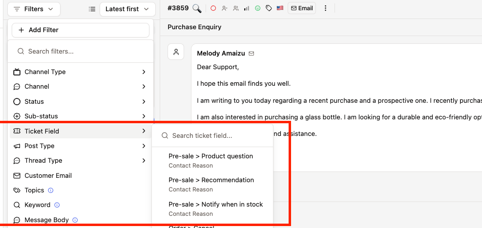 Grouped field filter options with search