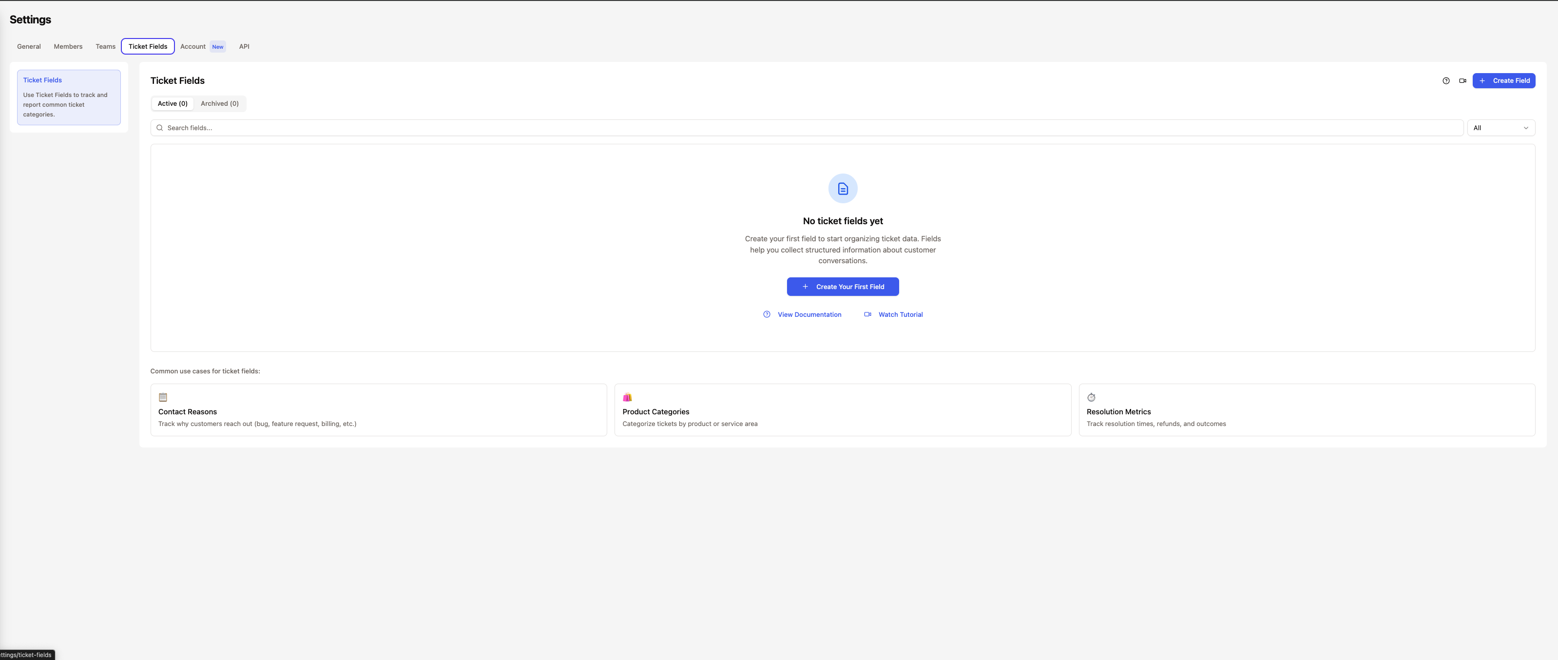 Ticket Fields overview showing custom fields panel
