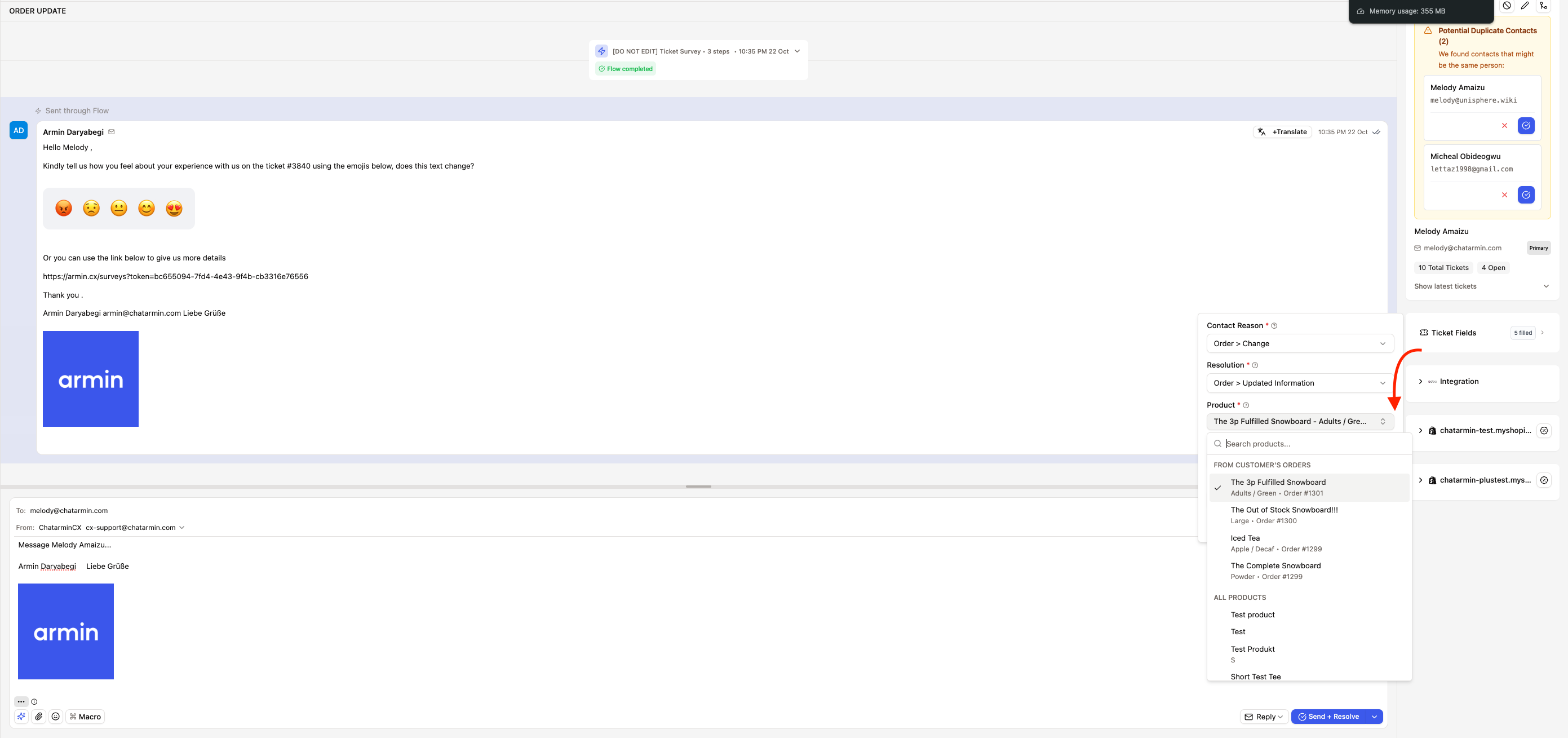 Product field with search and variant selection