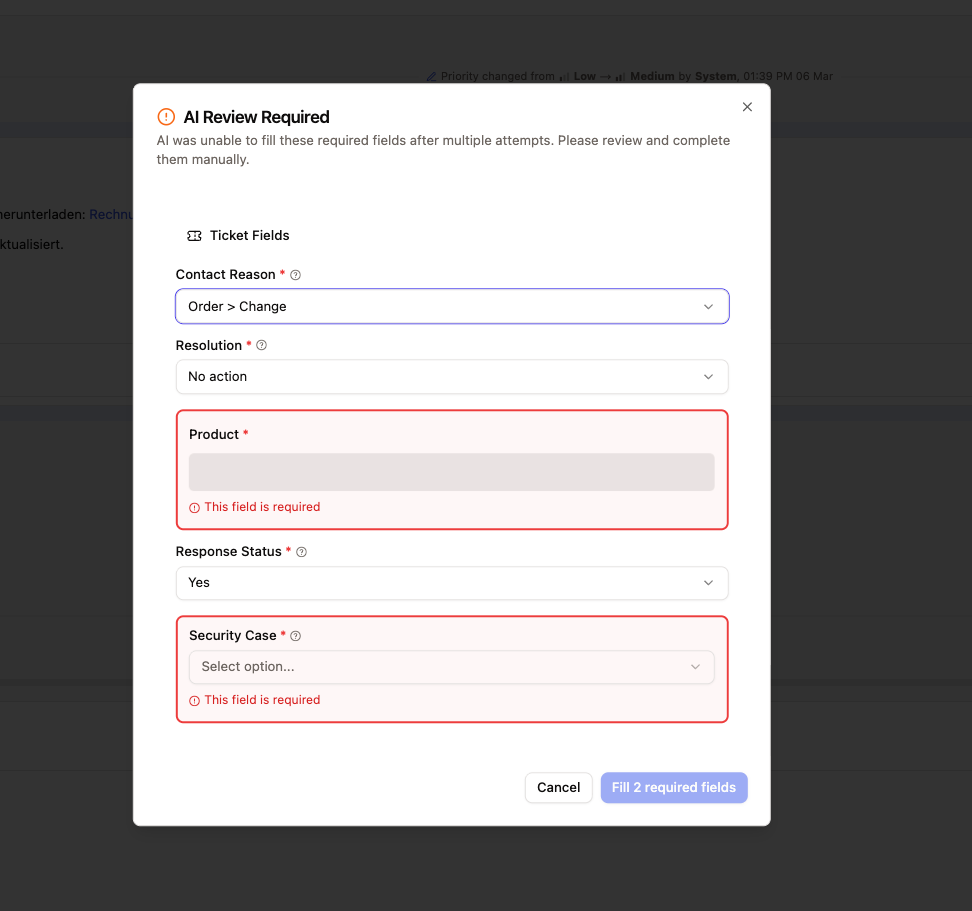 Required fields dialog showing missing fields