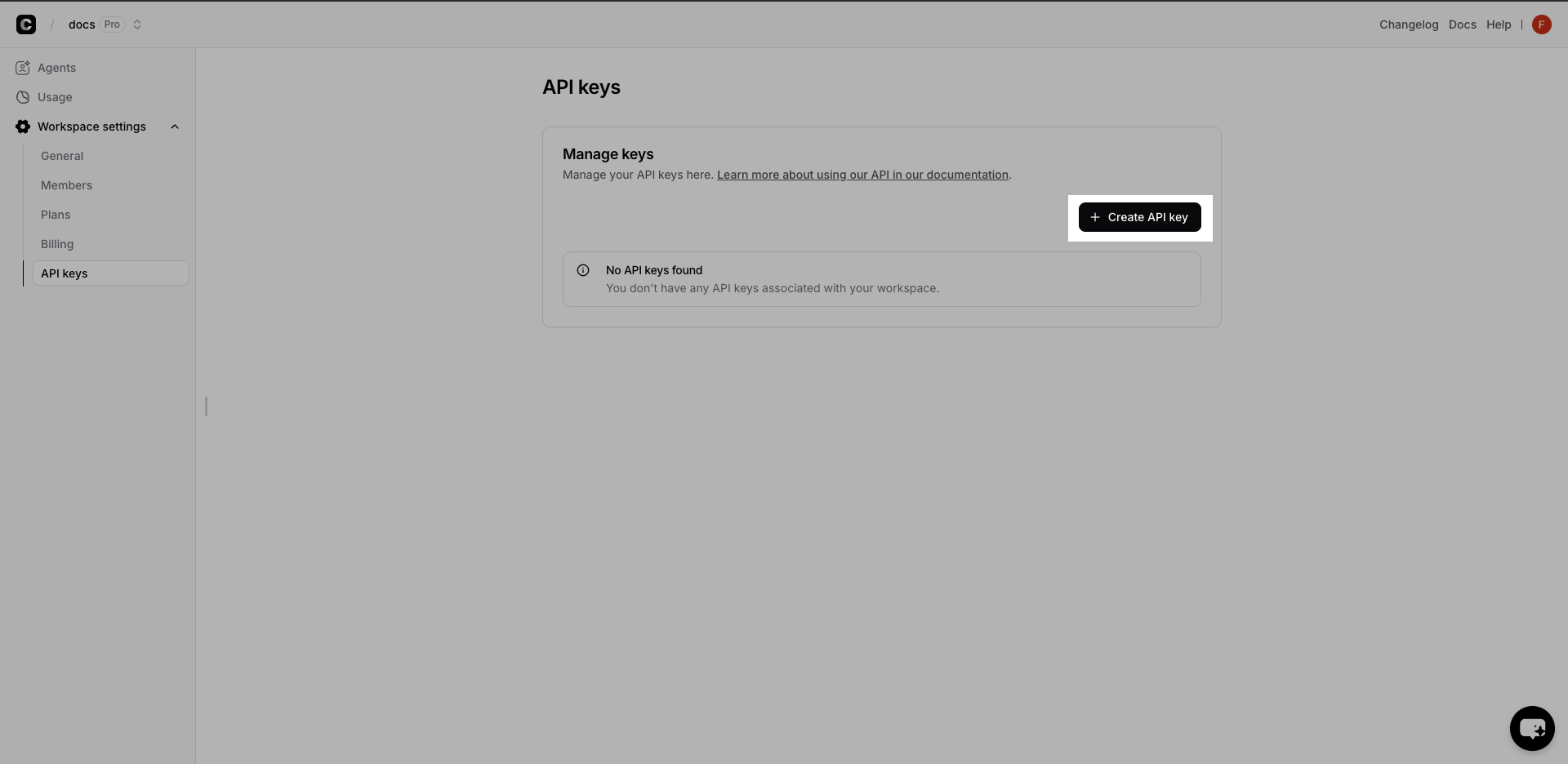 Creating API key in Chatbase dashboard