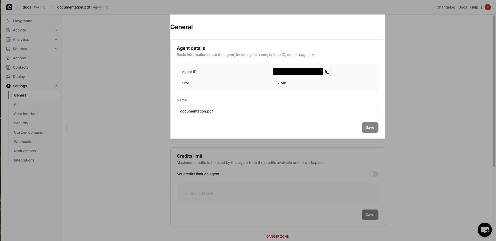 Finding Agent ID in Chatbase settings