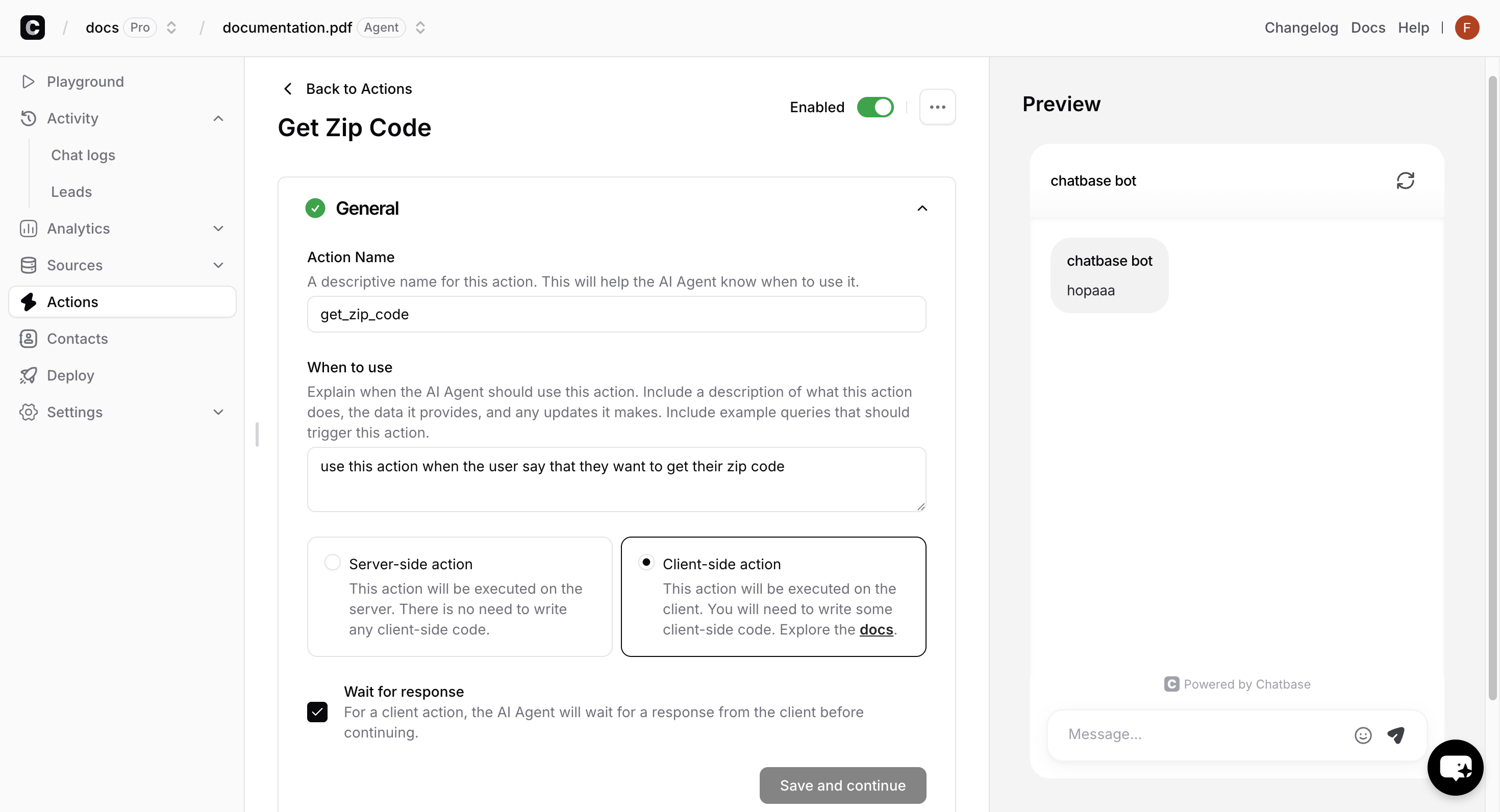 Advanced example of a client-side action using the browser geolocation API