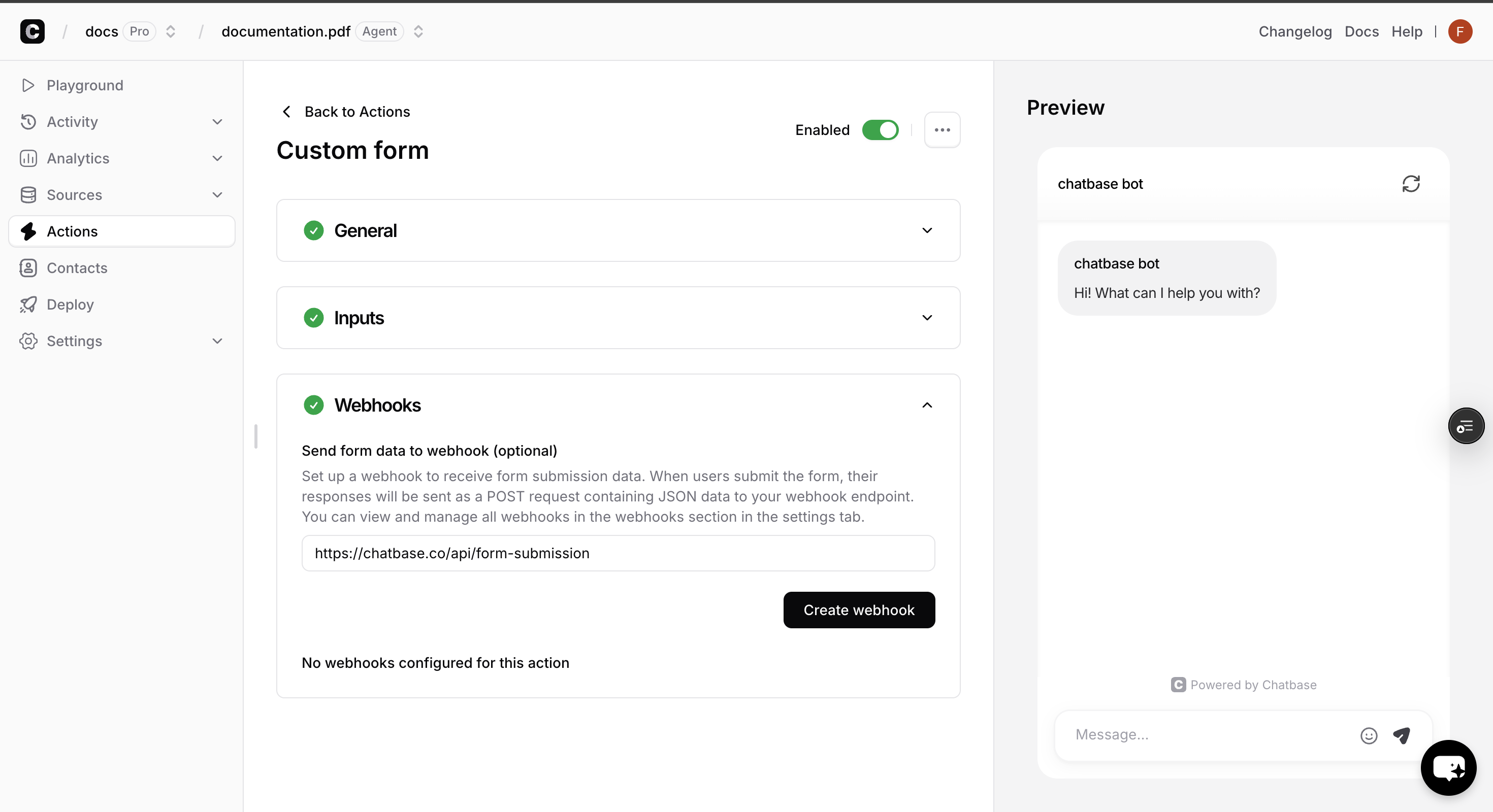 Webhook configuration interface