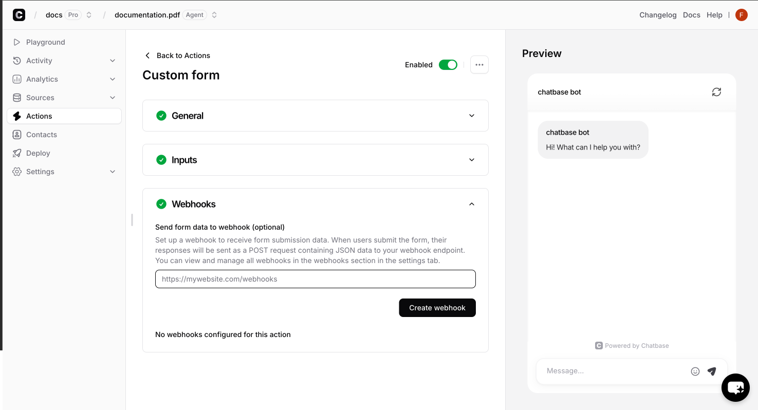 Webhook configuration interface