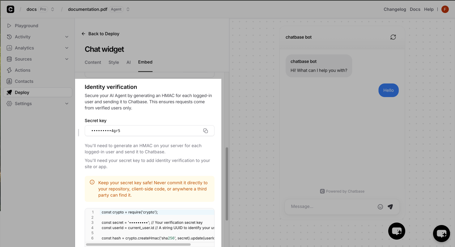 Chatbase embed code with identity verification secret