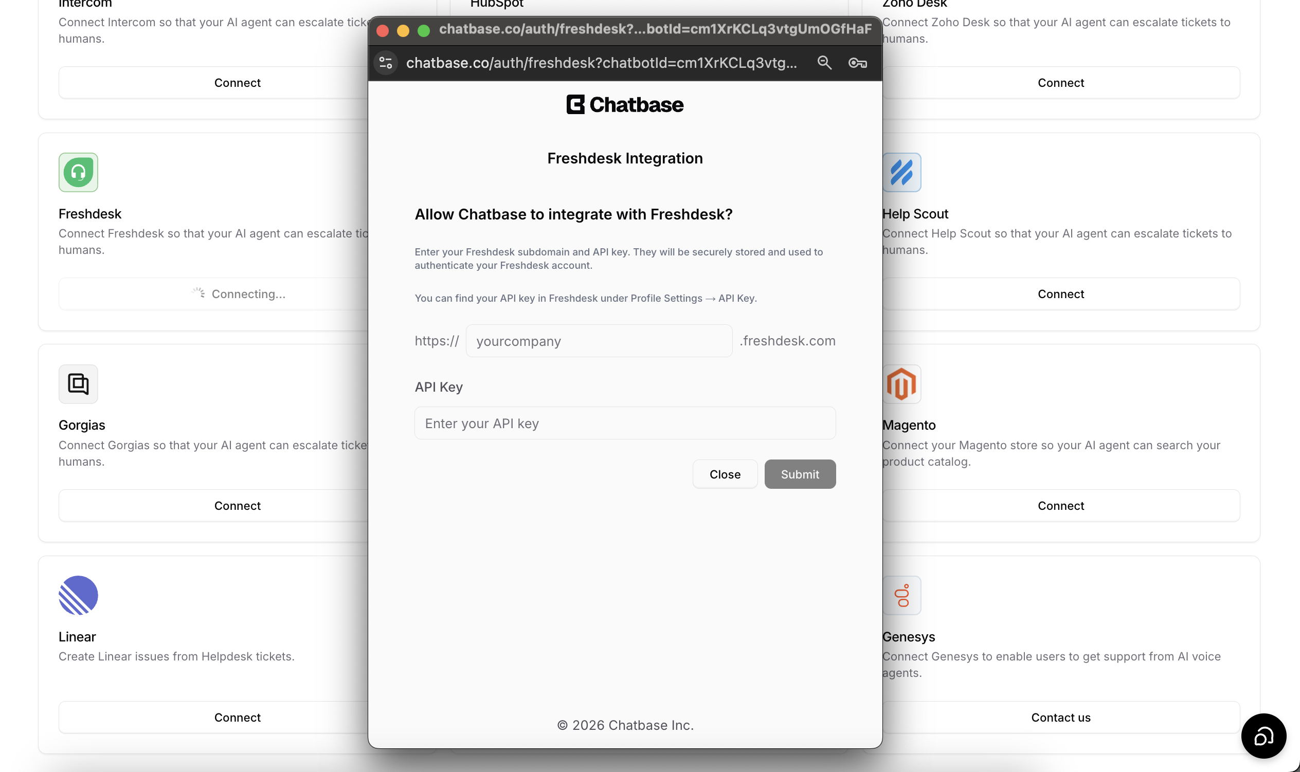 Freshdesk connection form in Chatbase with the subdomain and API key fields