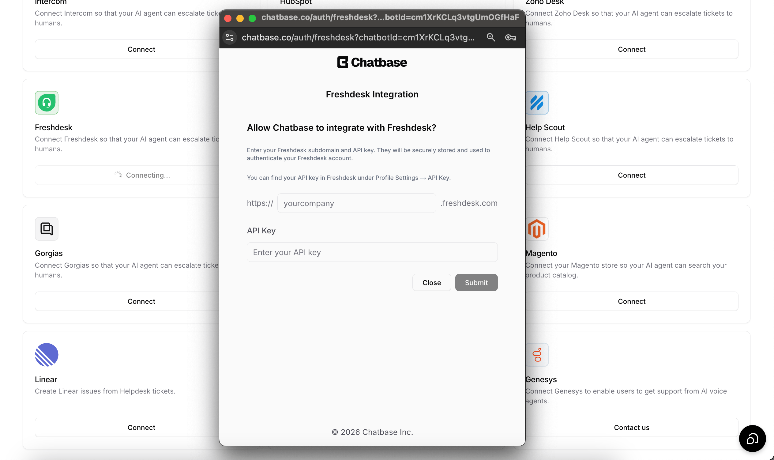 Freshdesk connection form in Chatbase with the subdomain and API key fields