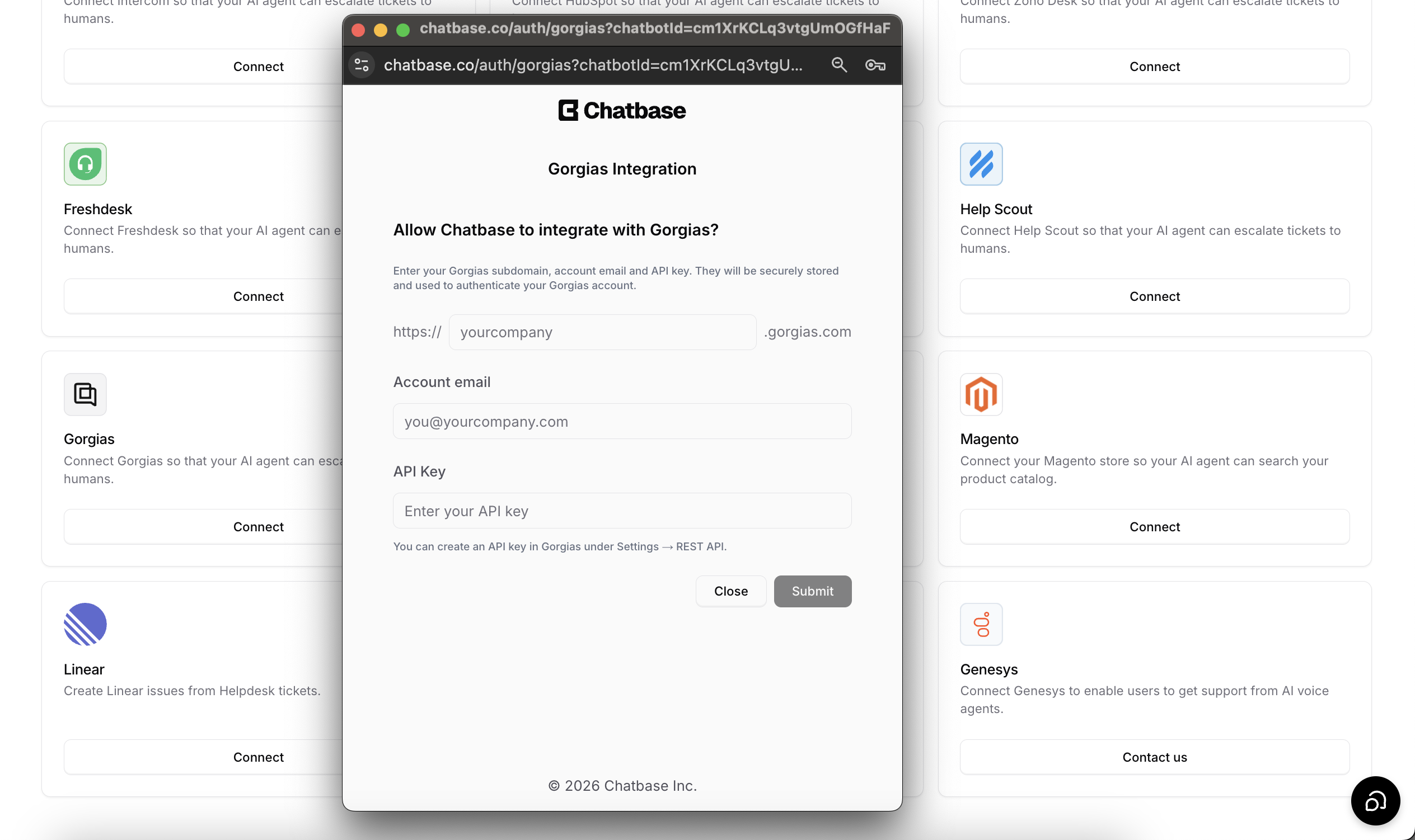 Gorgias connection form in Chatbase with the subdomain, account email, and API key fields