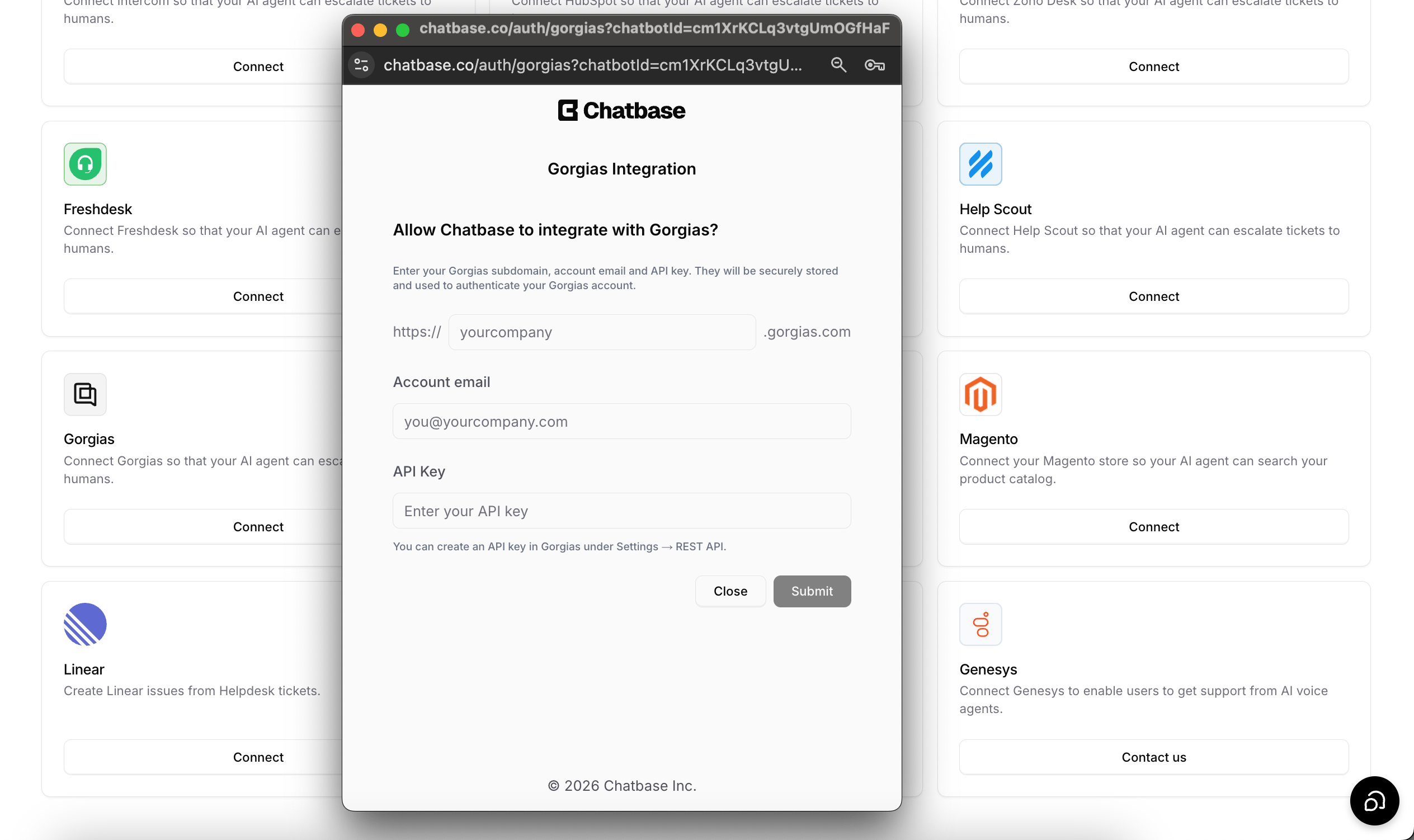 Gorgias connection form in Chatbase with the subdomain, account email, and API key fields