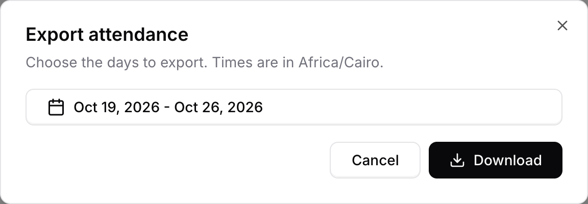 Export attendance dialog with a date range selected