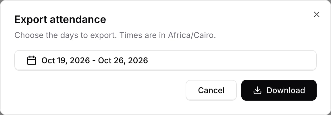 Export attendance dialog with a date range selected