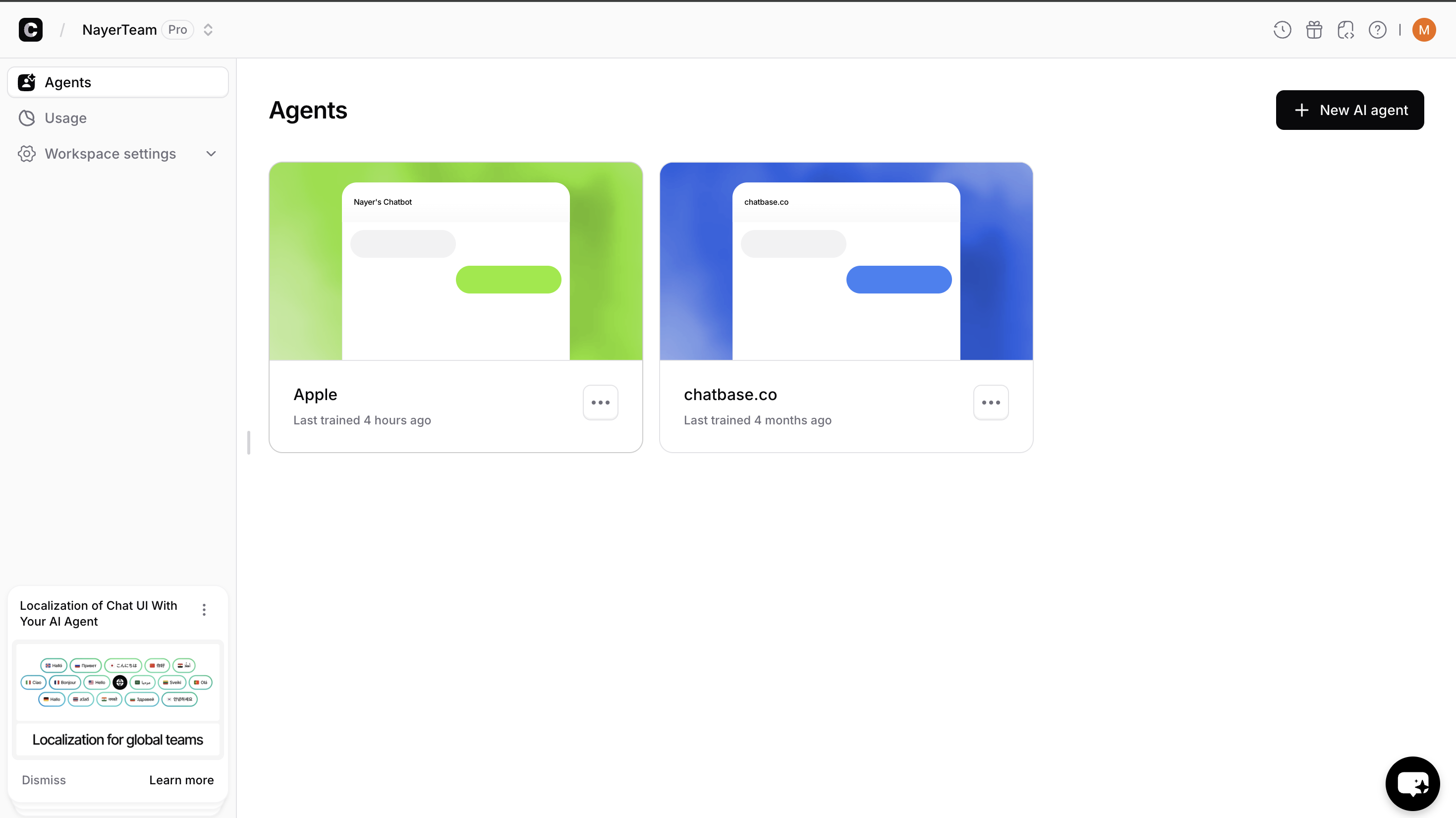 Chatbase dashboard showing agents