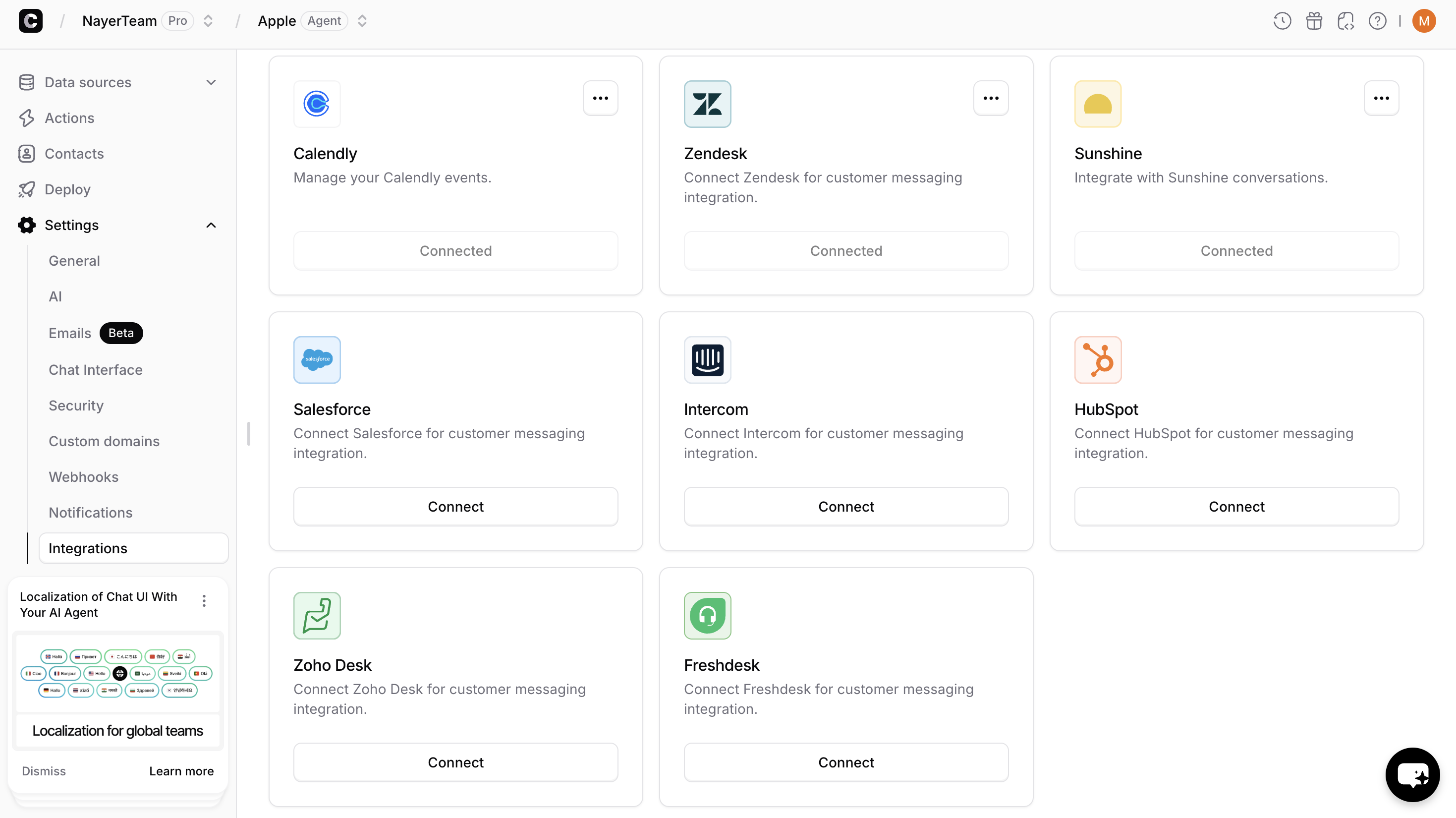 Integrations page with the HubSpot card