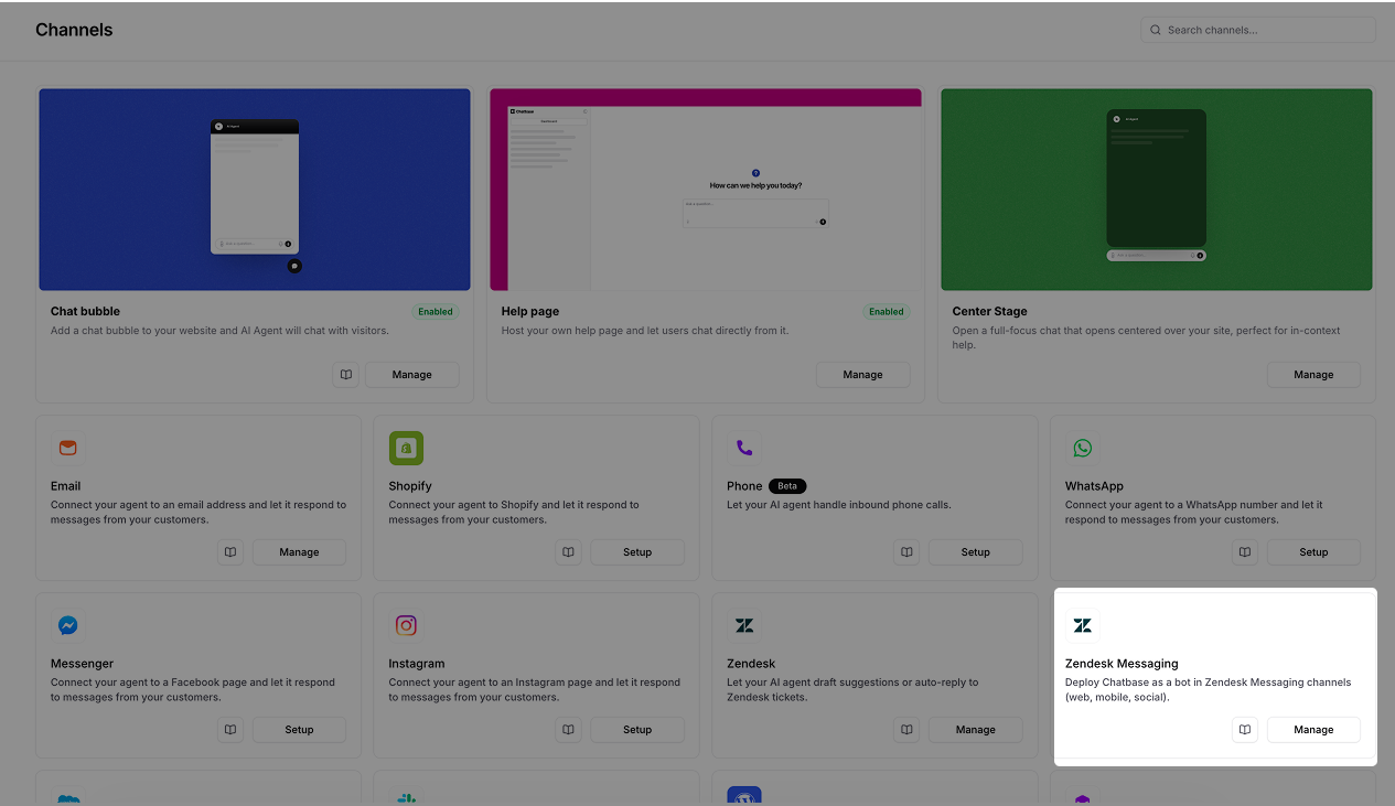 The Zendesk Messaging card on the Channels page
