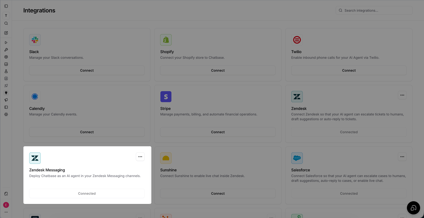The Zendesk Messaging card on the Integrations page, showing Connected