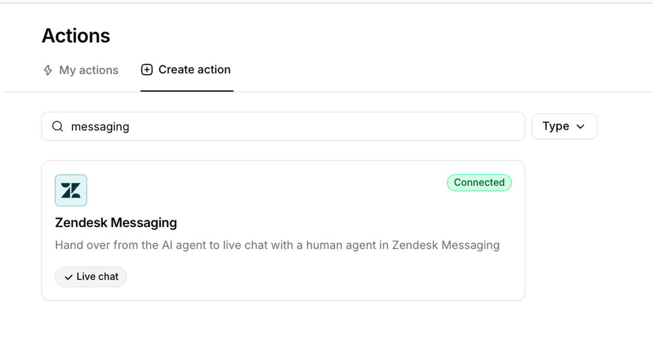 The Zendesk Messaging card with the Live chat action
