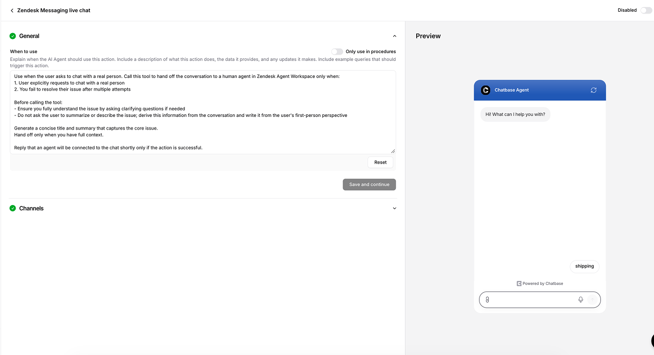 Editing When to use and turning on the Live chat action