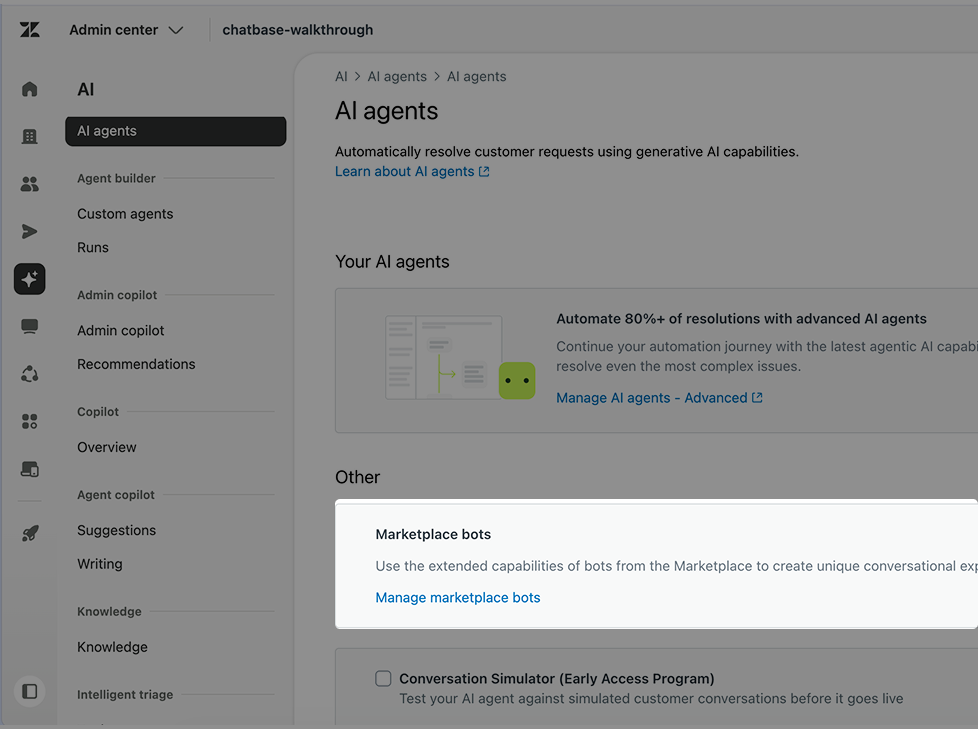 The Manage marketplace bots link in Zendesk Admin Center