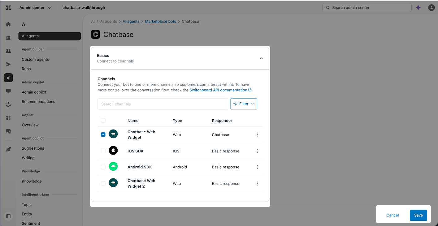 Selecting channels for Chatbase and saving