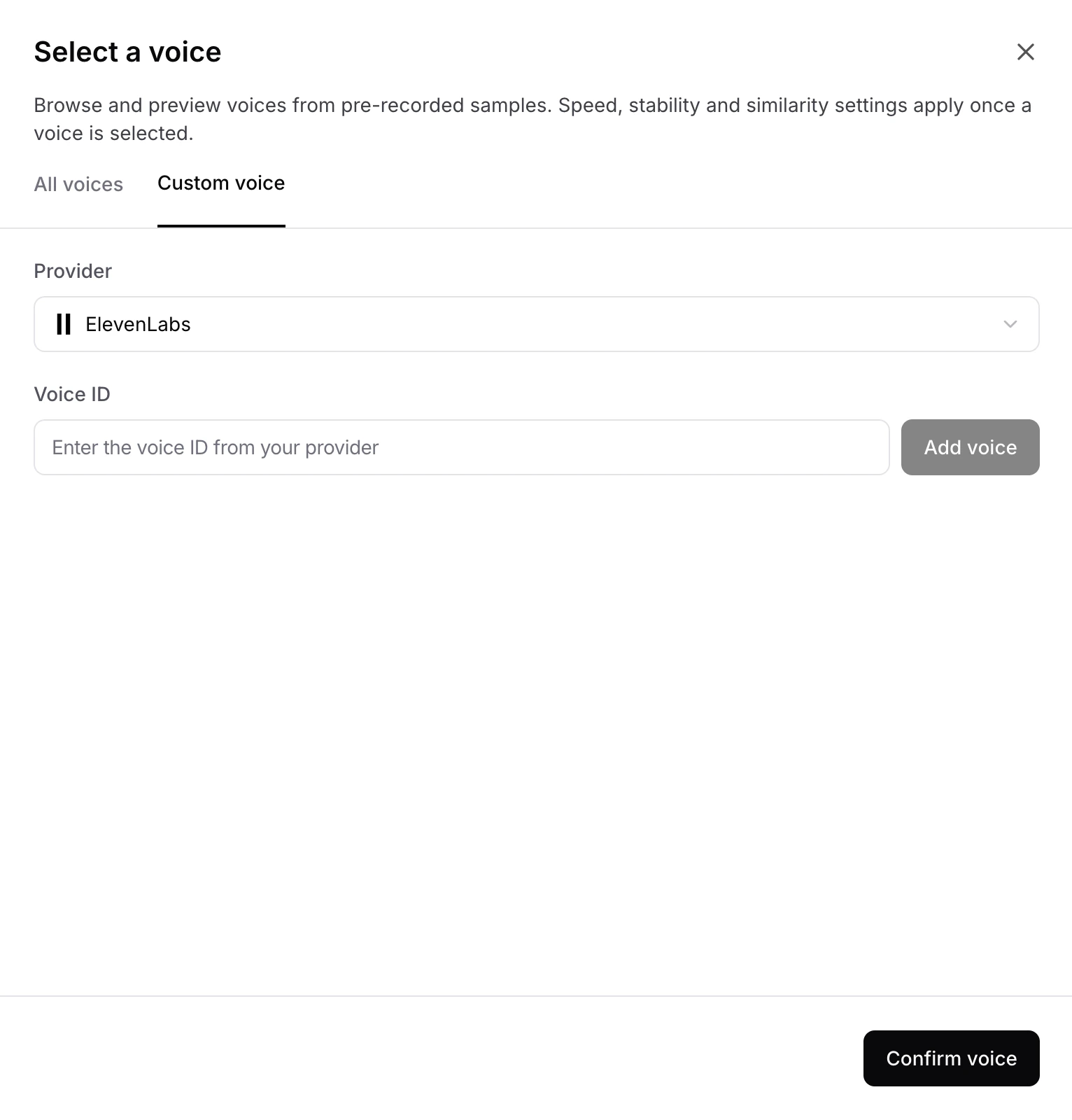 Custom voice selection modal