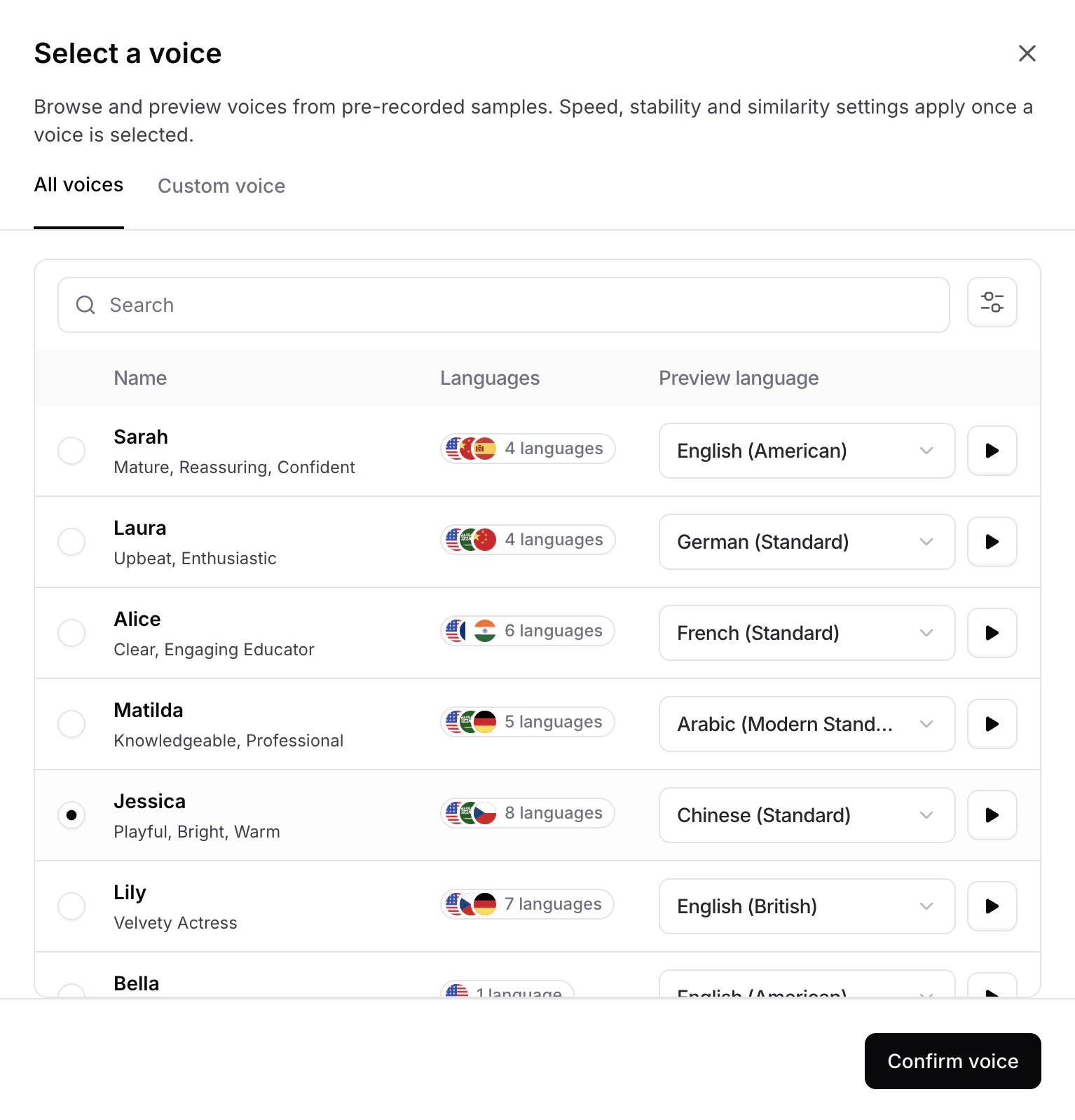 Voice selection modal