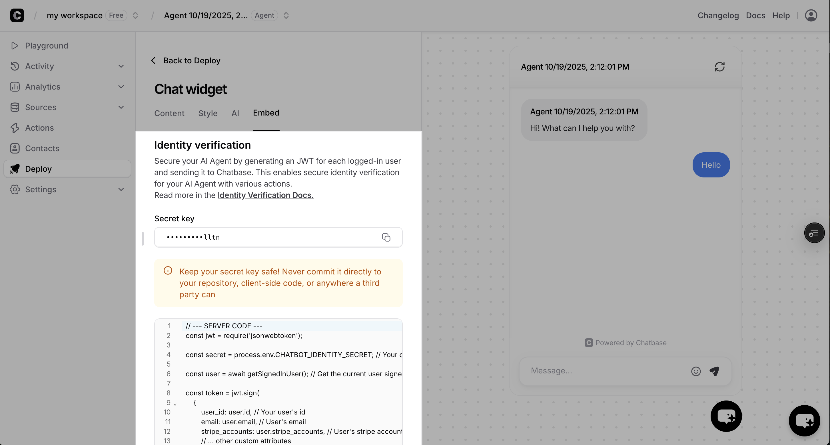 Chatbase embed code with identity verification secret
