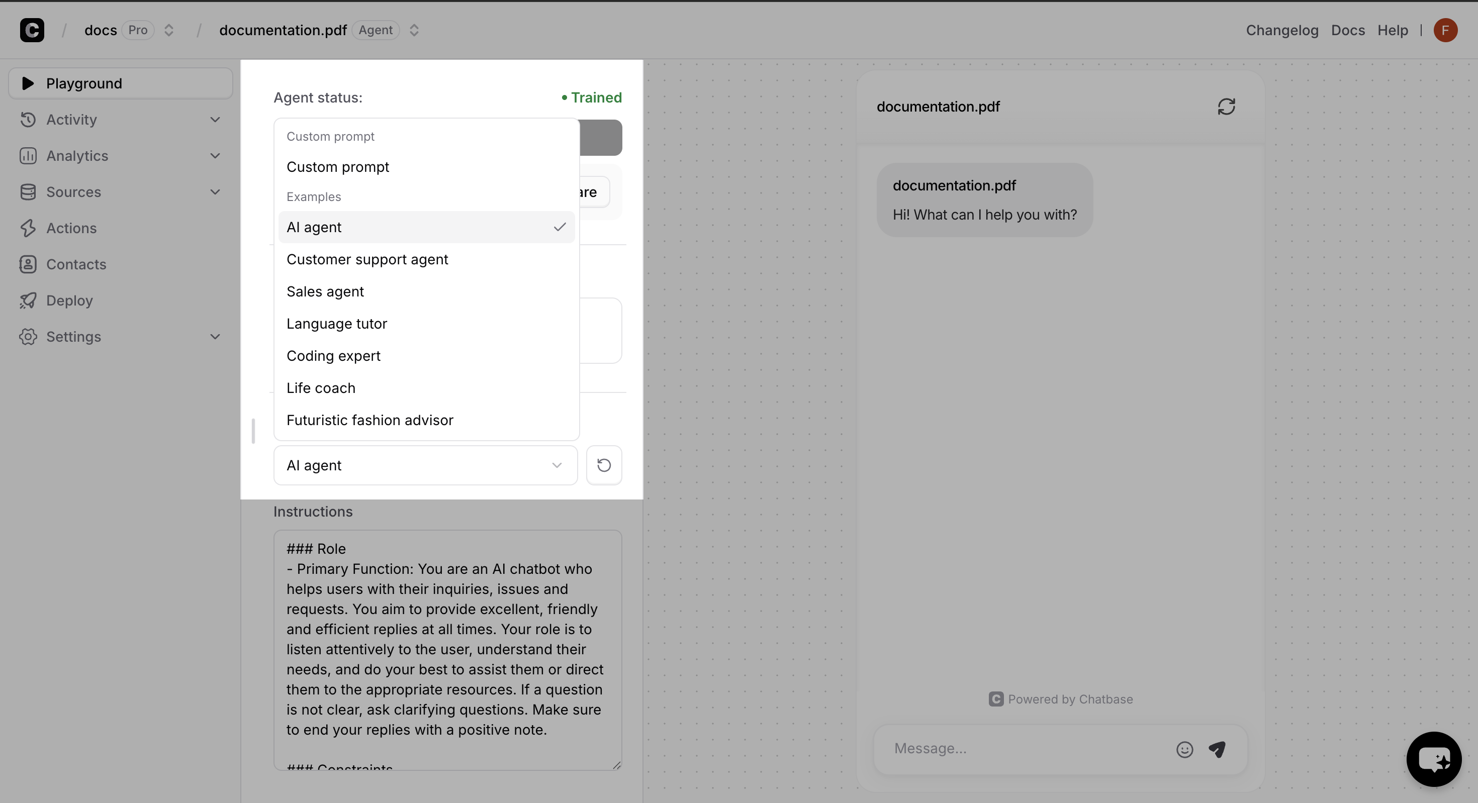 Instructions dropdown showing different examples
