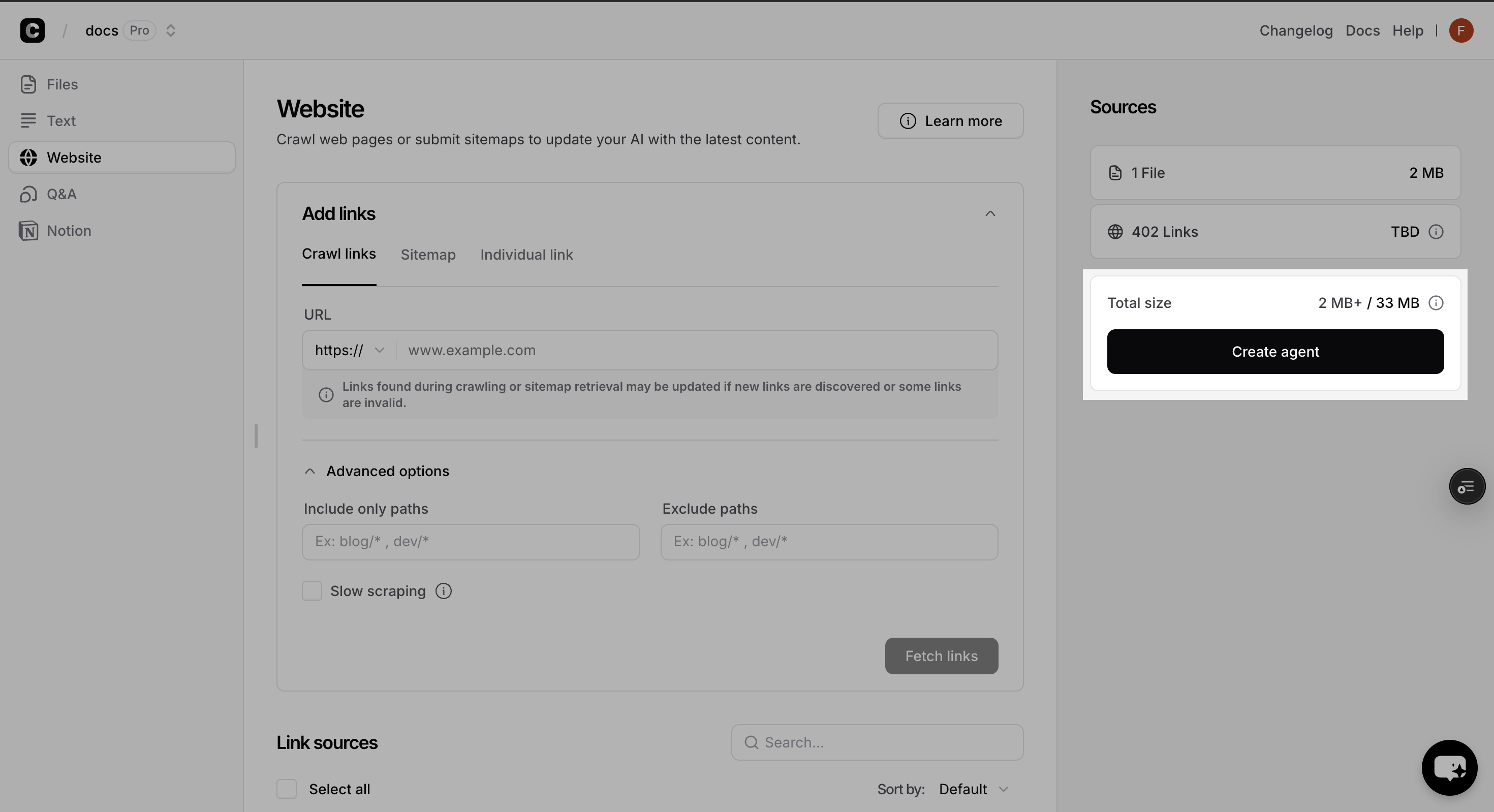 Sources tab with Create Agent button highlighted