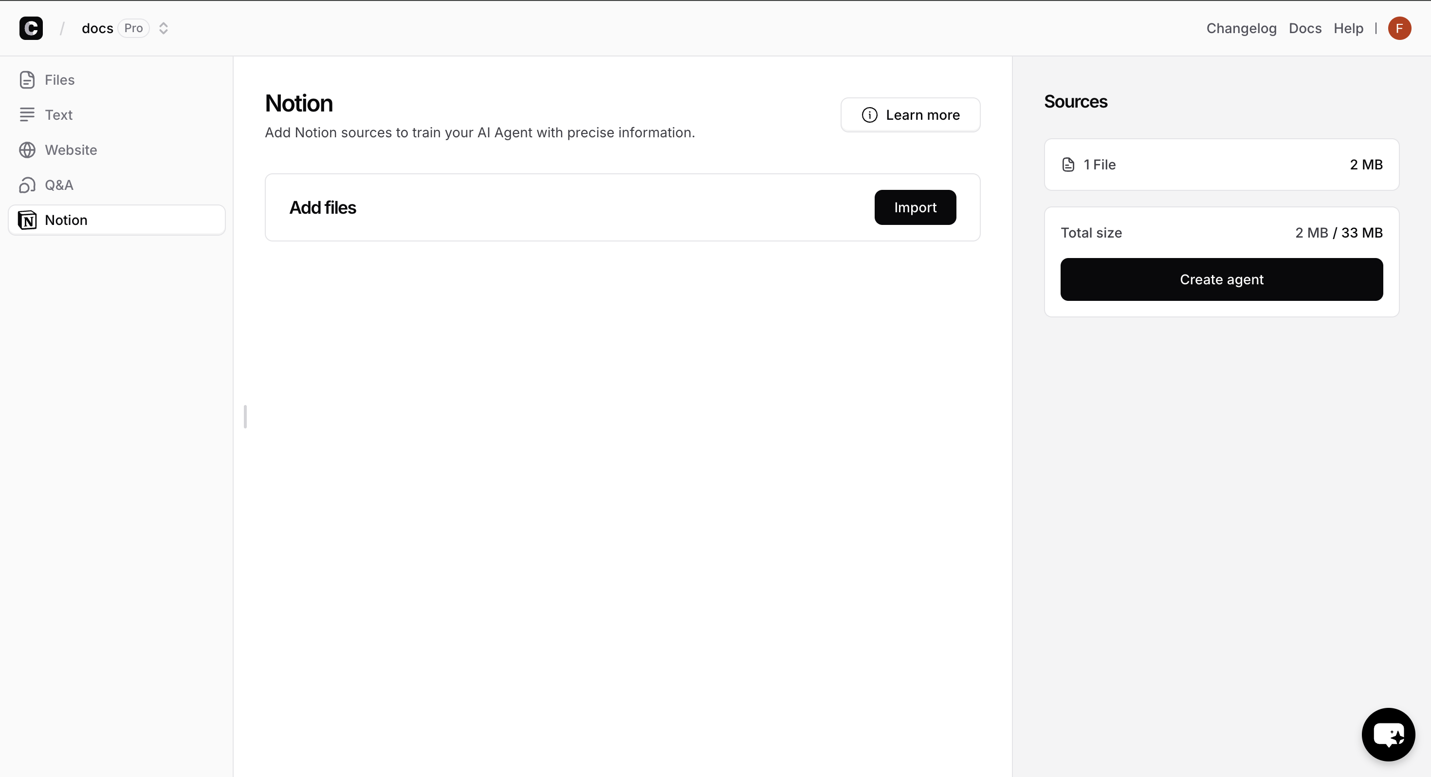 Sources tab with Notion option selected and a Notion workspace being connected