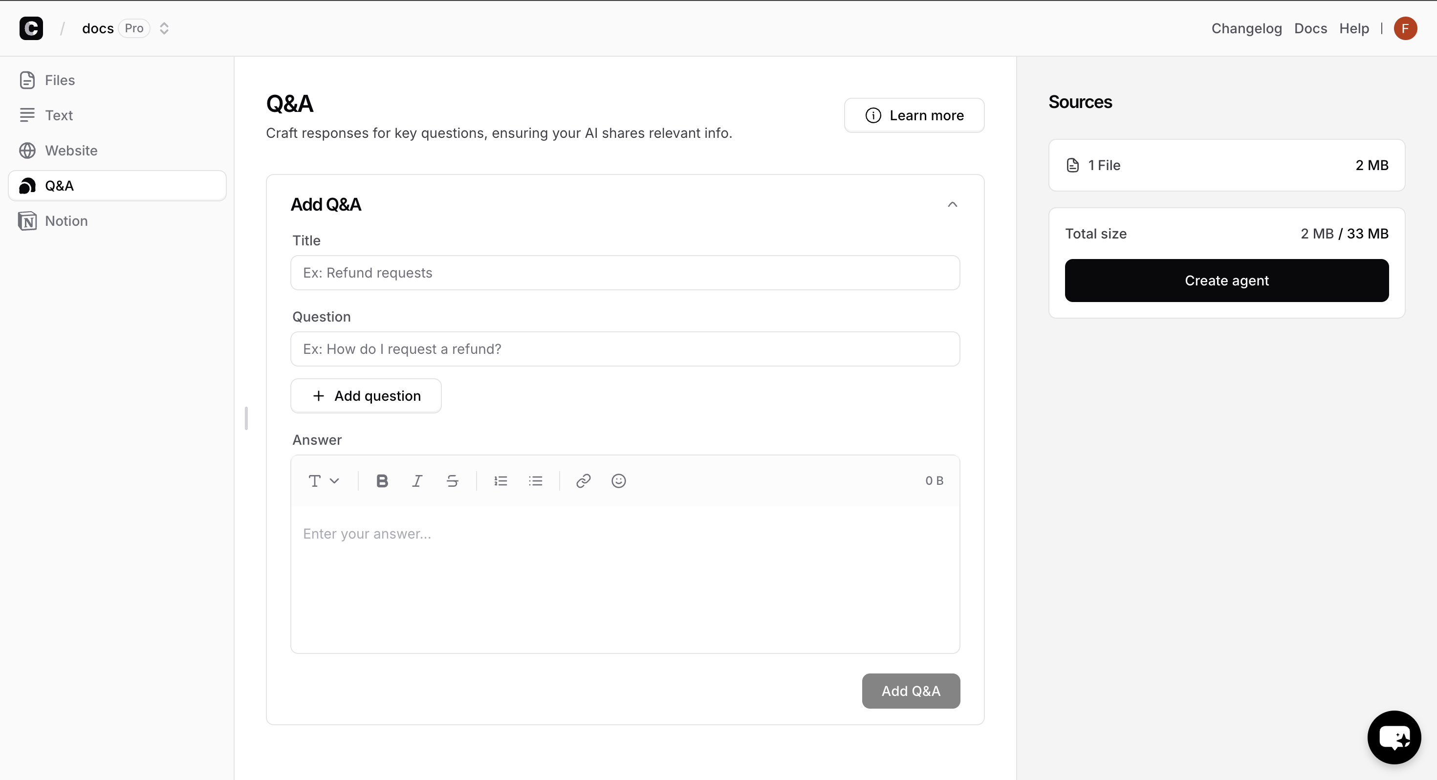 Sources tab with Q&A option selected and a Q&A being added