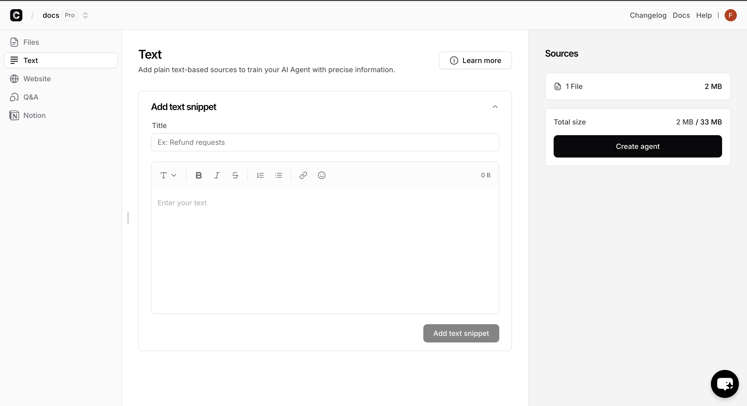 Sources tab with Text option selected and a text being added