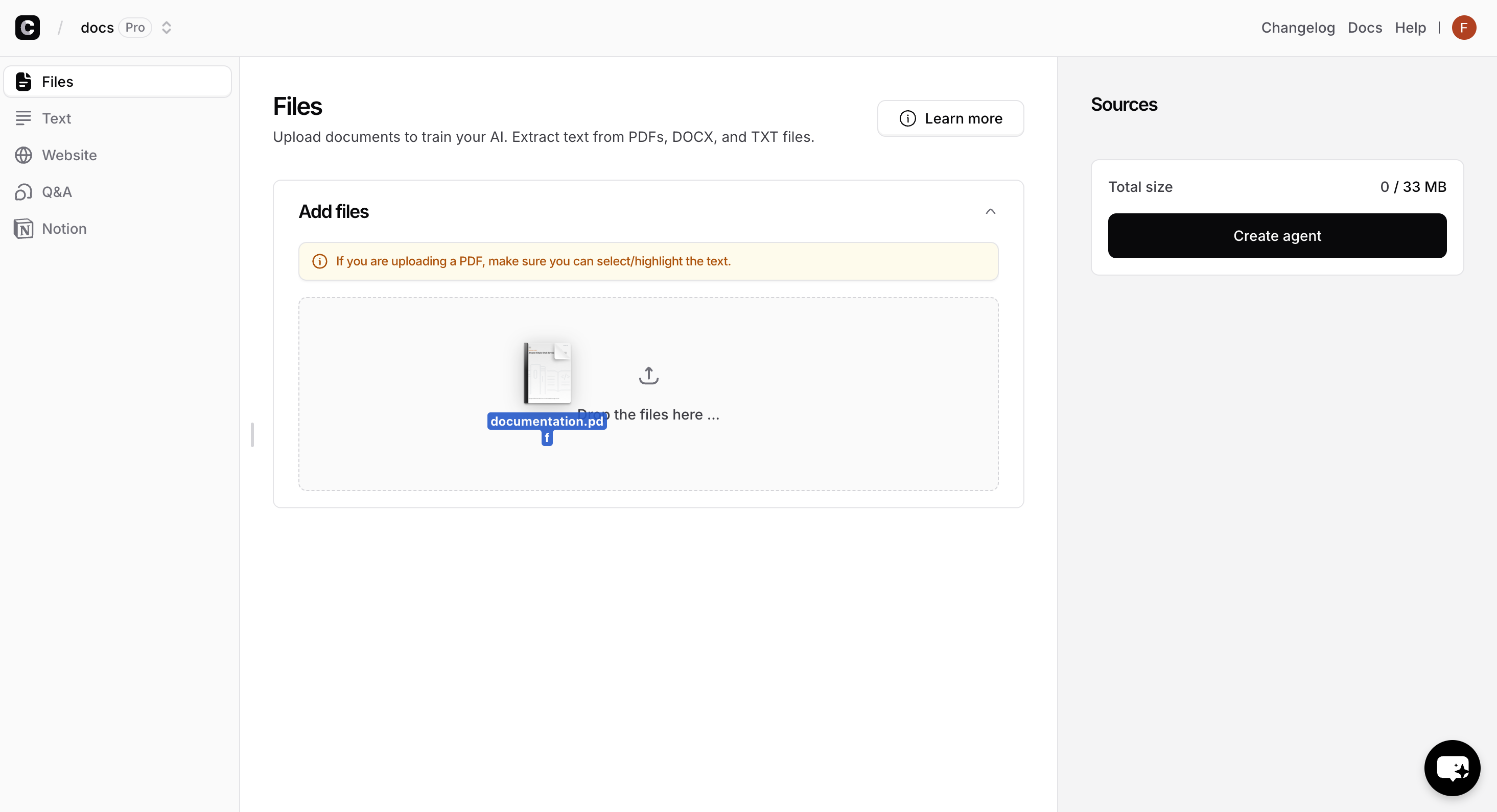 Sources tab with Files option selected and a file being uploaded