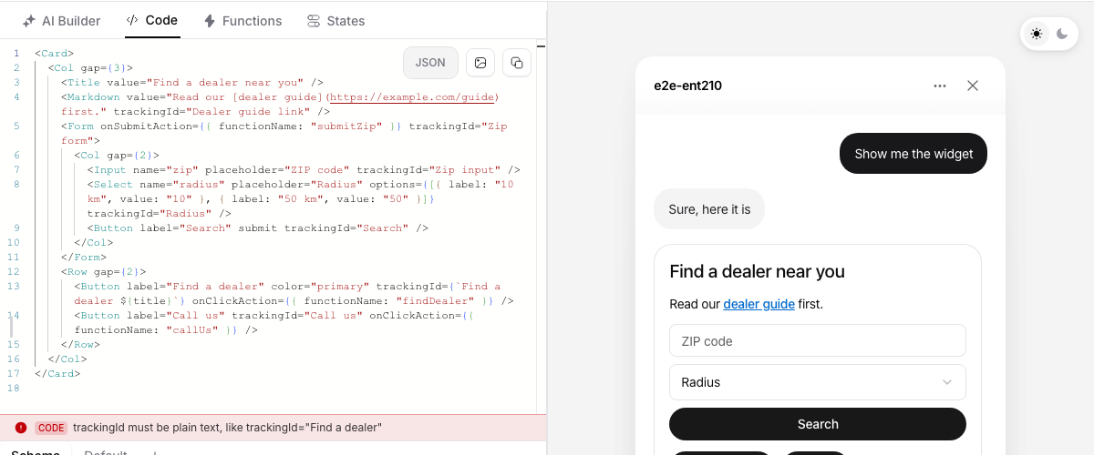 The code editor showing the error trackingId must be plain text after a template literal was used as a trackingId