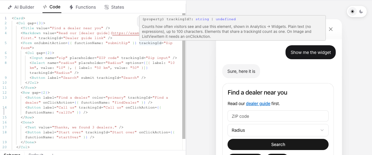 The code editor showing trackingId on each element of a dealer finder widget, with its hover help open