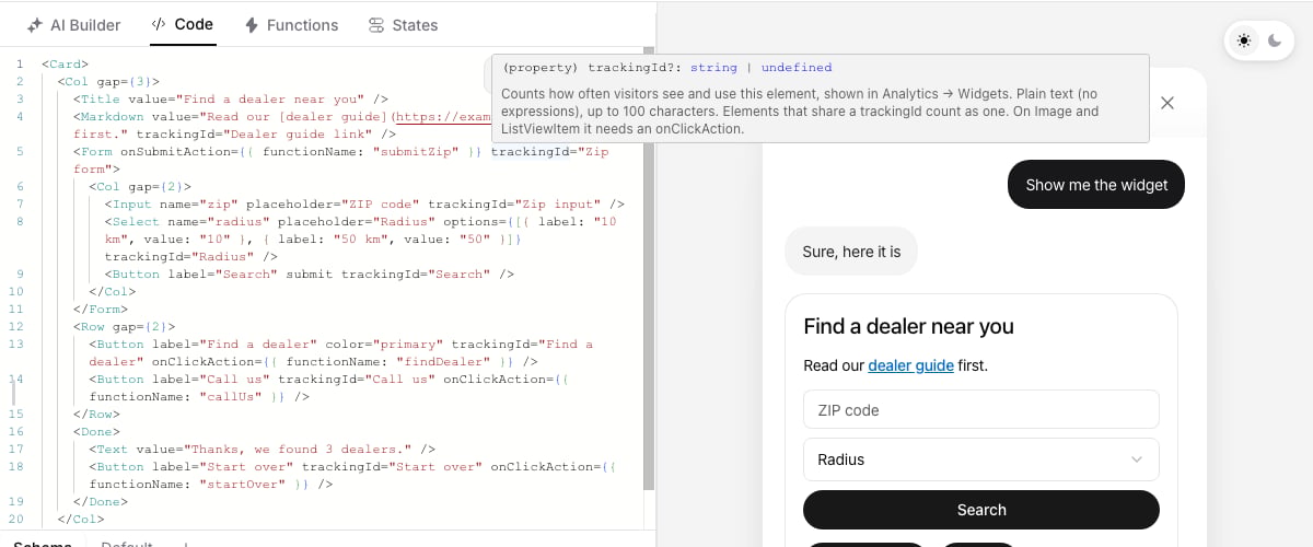 The code editor showing trackingId on each element of a dealer finder widget, with its hover help open
