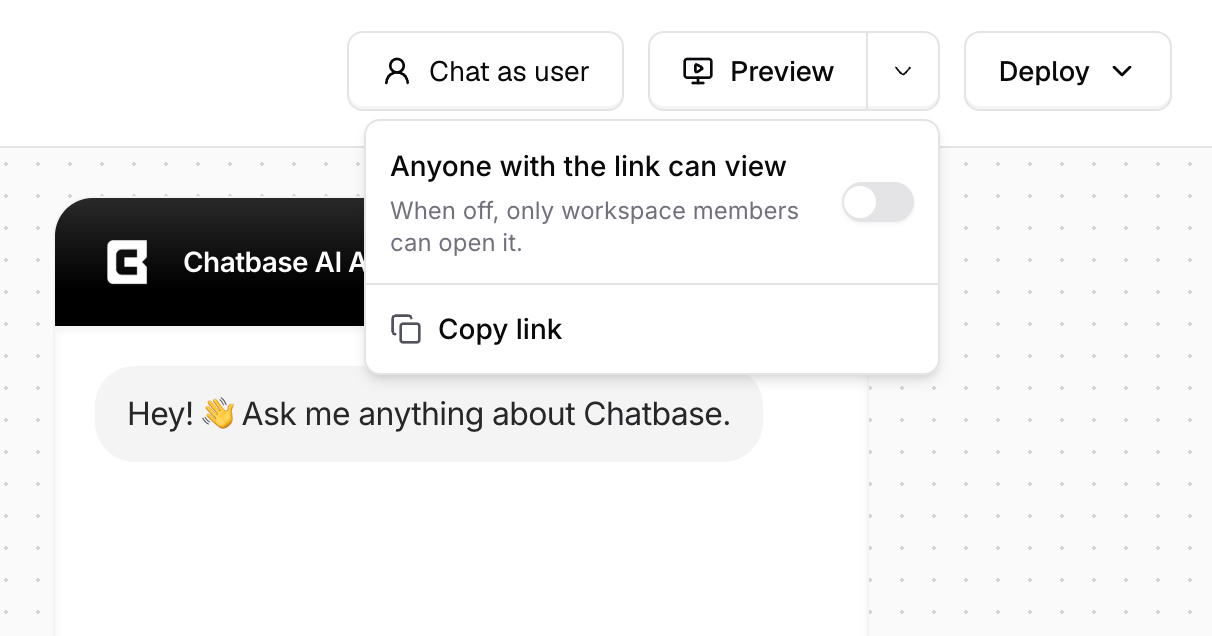 The Preview dropdown with the Anyone with the link can view toggle and Copy link