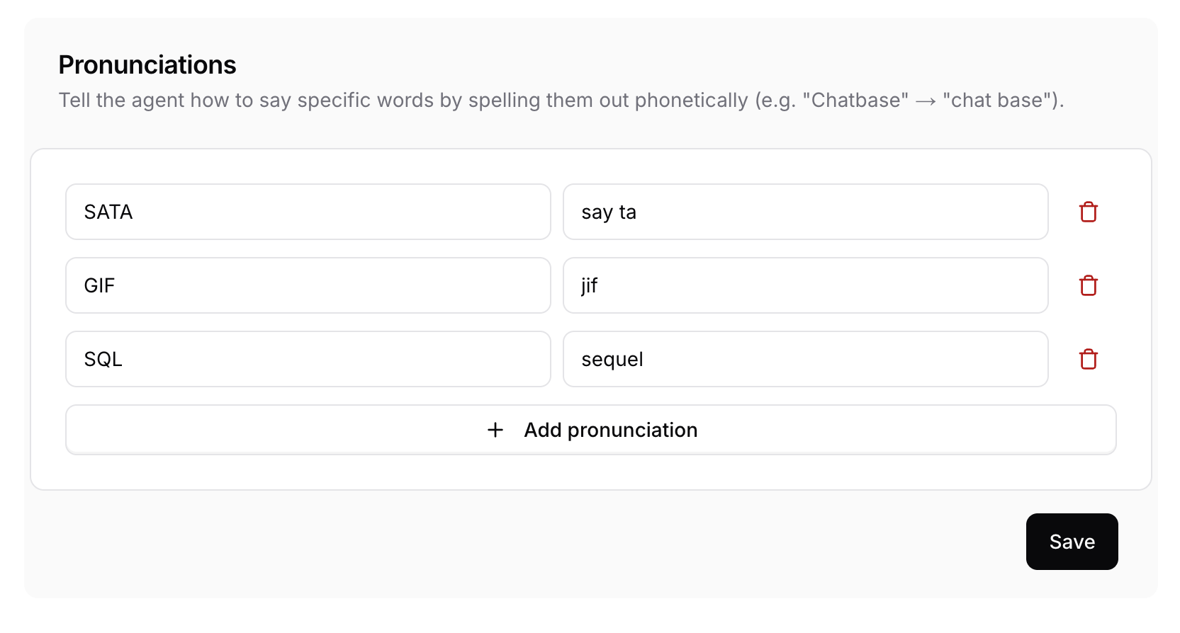 Voice pronunciations settings