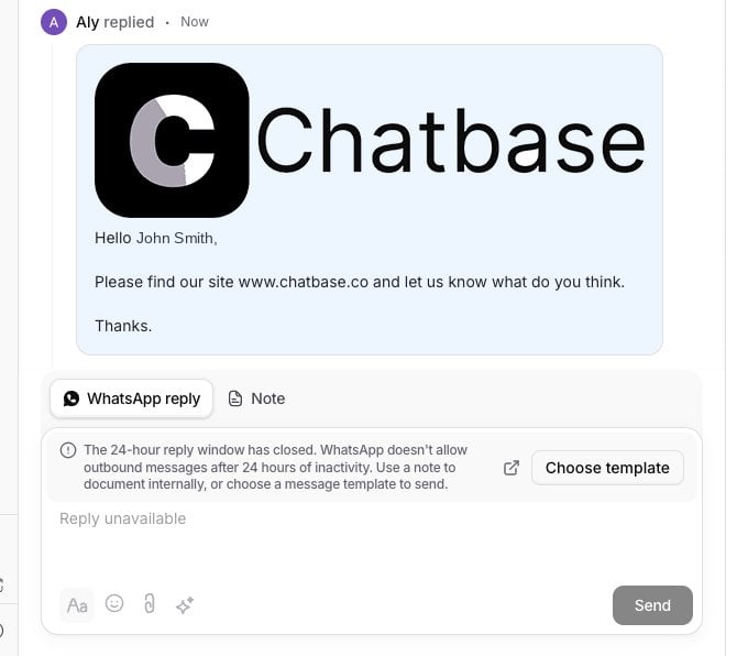 Sent template message in the conversation thread with the expired window banner below